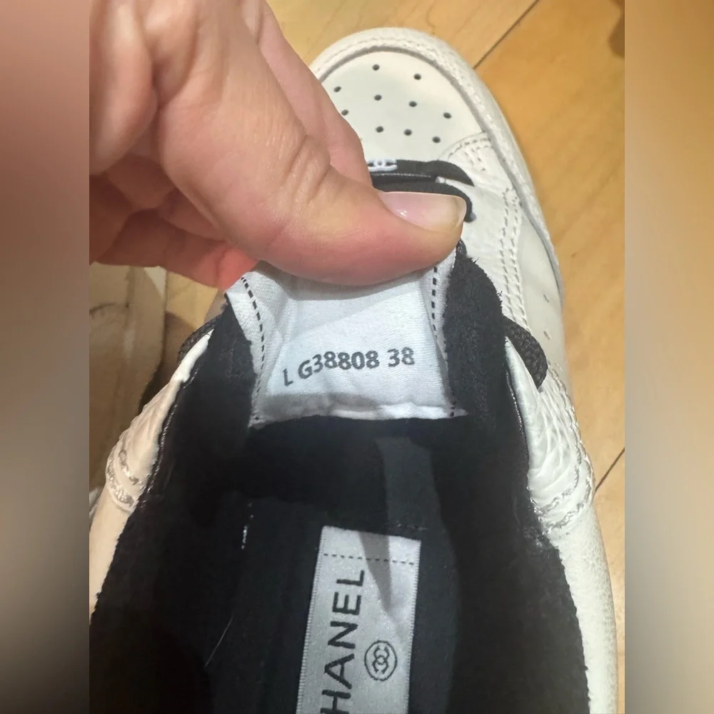 CHANEL White and Black Leather Sneakers